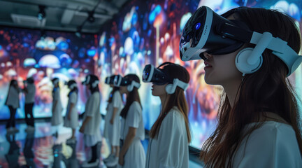 Poster - Many beautiful women with VR equipment are intoxicated to see the exhibition, the high-definition screen is fascinating. Generative AI.
