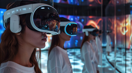 Poster - Many beautiful women with VR equipment are intoxicated to see the exhibition, the high-definition screen is fascinating. Generative AI.
