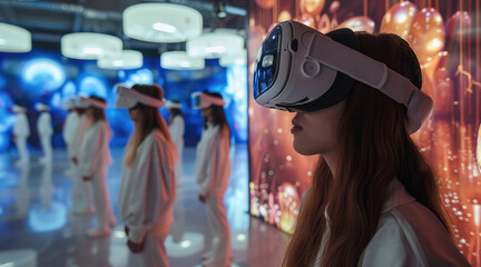 Poster - Many beautiful women with VR equipment are intoxicated to see the exhibition, the high-definition screen is fascinating. Generative AI.