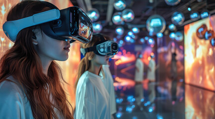 Poster - Many beautiful women with VR equipment are intoxicated to see the exhibition, the high-definition screen is fascinating. Generative AI.