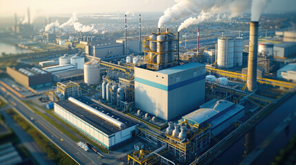 Aufkleber - A large modern waste disposal factory with smoking pipes, top view. Generative AI.
