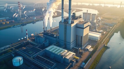 Aufkleber - A large modern waste disposal factory with smoking pipes, top view. Generative AI.