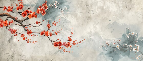 Wall Mural - Flower branch with leaves decoration with floral pattern illustration in vintage style. Japanese background with watercolor texture modern.