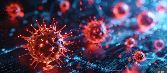 Wall Mural - A high-tech digital illustration of virus cells in a futuristic environment, showcasing advanced technology and vibrant red and blue lighting effects.