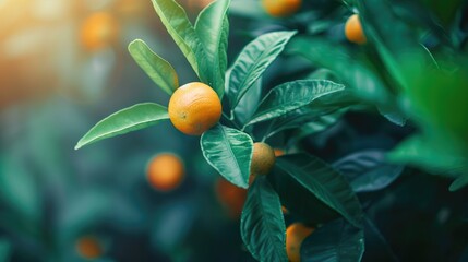 Poster - Mature small oranges from indoor calamondin plant close up with copy space Enhances home decor