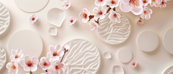 Wall Mural - Modern template of cherry blossom flower. Japanese pattern background. Circle shape backdrop.