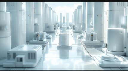 Aufkleber - A huge amount of lithium-ion battery cells, clean, white, futuristic. Generative AI.