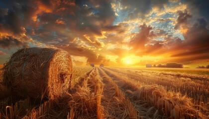 Poster - Autumn rural landscape with haystacks cloudy sky and golden wheat harvest during a scenic sunset or sunrise