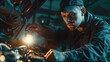 © pkproject - Skilled Mechanic Thoroughly Inspecting Engine Components with Flashlight