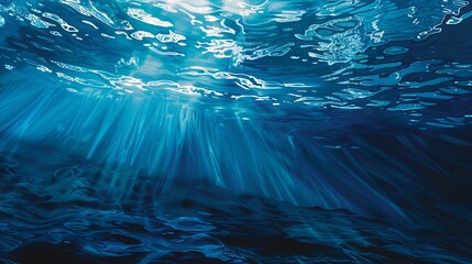 Wall Mural - Deep underwater shot with sunlight rays penetrating the ocean surface. Brilliant blue hues and ethereal light play. Perfect for nature, marine life, and abstract backgrounds. AI