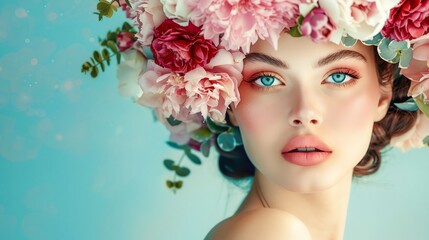 Wall Mural - a woman with flowers on her head and blue eyes