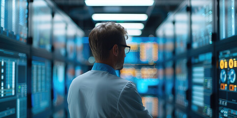 Leinwandbilder - Engineers working in the room are equipped with advanced technological tools, watching remote monitoring software for data centers. Generative AI.