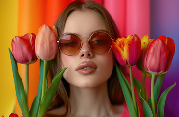 Wall Mural - A beautiful girl in sunglasses holds tulips on the coral pink background