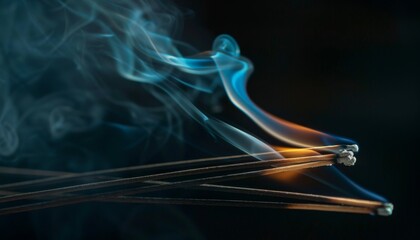 Poster - Burning incense sticks closeup on black background