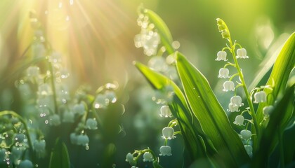 Wall Mural - Closeup of Convallaria flowers on green background Wide angle nature spring wallpaper Floral header with space for text