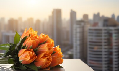 Wall Mural - Orange Tulips on a Balcony Overlooking the City
