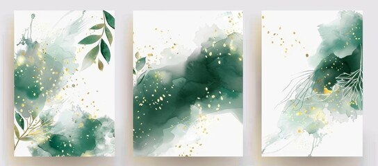 Wall Mural - An elegant watercolor and gold wedding invitation template with emerald green leaves