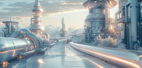 Aufkleber - Futuristic smart factory industry landscape realistic. Generative AI.