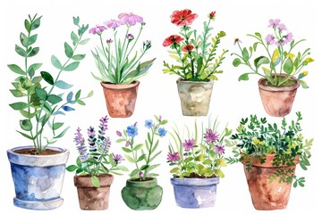 Wall Mural - A watercolor of minimal flowers houseplants blooming isolated on clear PNG background, with elements natural botanical, leaves, flowers, and herbs.