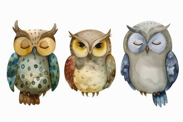 Wall Mural - Animal Owl portrait rendered in watercolor, isolated on a clear PNG background with stock photos.