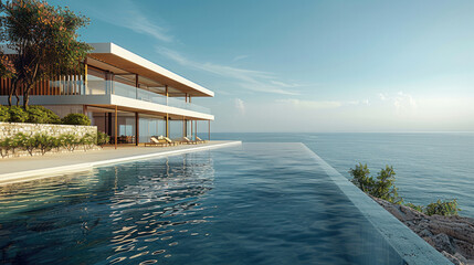 Wall Mural - coastal resort with luxury hotel in the distance, main focus on the sea, minimalist design. generati
