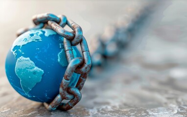 Wall Mural - earth globe bound by rusty chains, symbol of environmental constraints - concept for global issues a