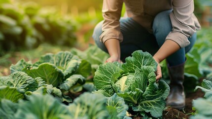 Wall Mural - Farmer harvesting fresh cabbage in a green garden under sunlight. Rural lifestyle and sustainable farming practices. Close-up view of agricultural activities in an organic farm. AI