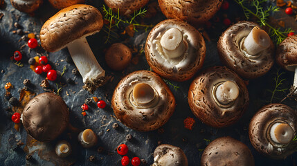 Wall Mural - fresh mushroom Top down view background poster 