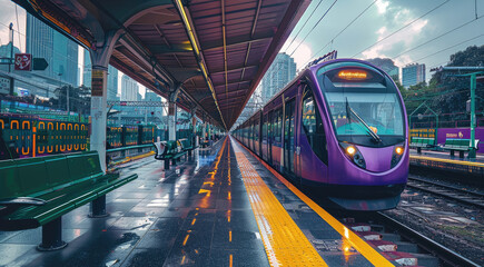 Wall Mural - The exterior platform of the train station, an express purple line bus waiting to board passengers. A modern city. Generative AI.