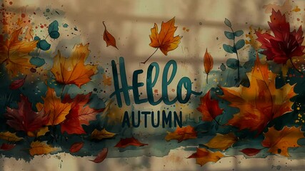 Wall Mural - A close-up of a card featuring the words hello Autumn in elegant lettering, set against a maple leaves background