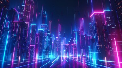 Wall Mural - Smart city landscape with high technology, digital smart connection, city night light background, data tech, neon light of building skyscraper, 3D rendering.