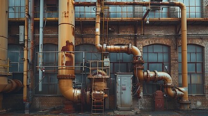 Fototapete - An old factory with old buildings and pipes. Generative AI.