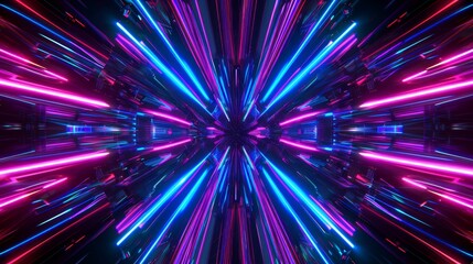 Wall Mural - A three-dimensional rendering of a neon blue and purple light flashing through a reflection background, with an abstract hyperwarp in the sky over the galaxy in the background.