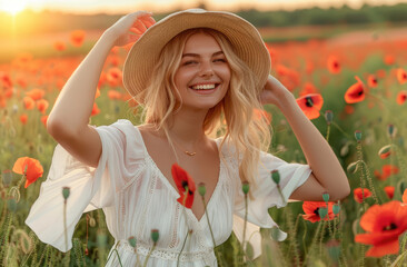Wall Mural - A beautiful woman in a white dress and straw hat is smiling while holding back her hair with one hand, standing against a background of tulip fields