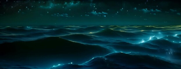 Wall Mural - bioluminescent plankton creating a starry night effect in the ocean, 4k hyperrealistic photo 4k vide