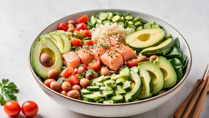 Wall Mural - salmon, avocado, cucumber, tomato, beans, and rice in a nutritious poke bowl salad on a white background.