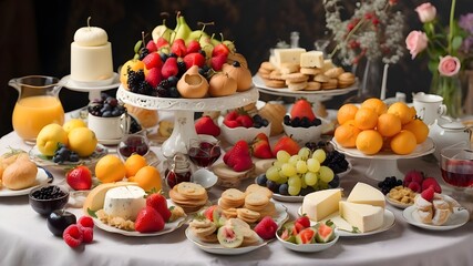 Wall Mural - A beautiful display, a cheese dish, a variety of pastries and fruits, delectable snacks, and an afternoon tea table layout