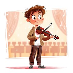 Friendly caucasian male musician, holding a violin in his hand, a concert hall slightly in background, illustration, childfriendly 