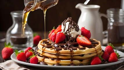 Wall Mural - Maple syrup with chocolate morning brunch with freshly made waffles topped with strawberries -