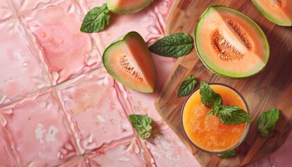 Wall Mural - Melon smoothie glass on wooden board pink tile table