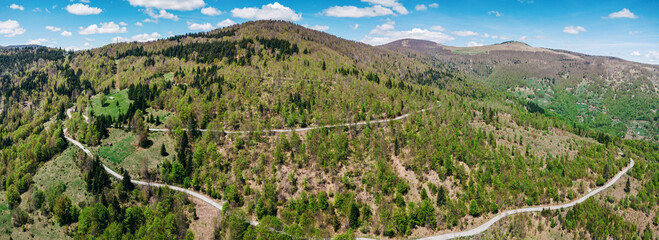 Wall Mural - Drone shot of a travel road cutting through Montenegro's lush landscape