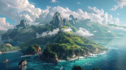 Tropical island aerial drone view with high green forest and mountains surrounded by turquoise ocean waters, blue sky and clouds  and sailing boat