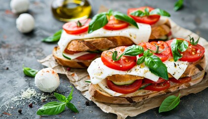 Wall Mural - Italian Caprese sandwiches with fresh tomatoes mozzarella cheese and basil