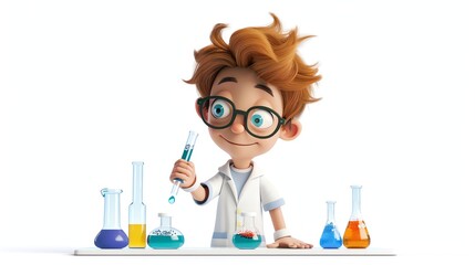 Poster - A 3D cartoon boy in a white lab coat, looks at a test tube as he holds it over a flask.