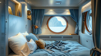 Wall Mural - A luxurious small ship's cabin for cruise. The room with a cozy double bed with blue bedding and pillows. Generative AI.