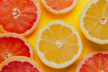 Fresh grapefruit and lemon slices on yellow background create a vibrant citrus pattern, promoting healthy eating with vitamins and antioxidants