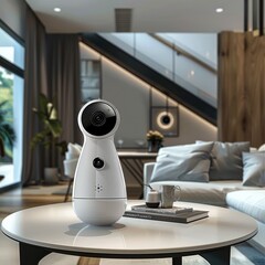 Poster - An indoor security camera. The camera placed on a modern table in a contemporary-style house. Generative AI.