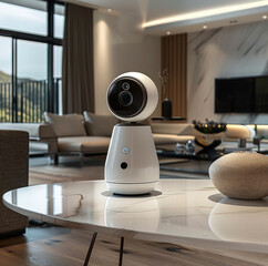 Poster - An indoor security camera. The camera placed on a modern table in a contemporary-style house. Generative AI.