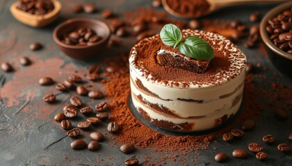 Wall Mural - Just prepared Tiramisu with coffee and cocoa powder as ingredients vertical image with copy space