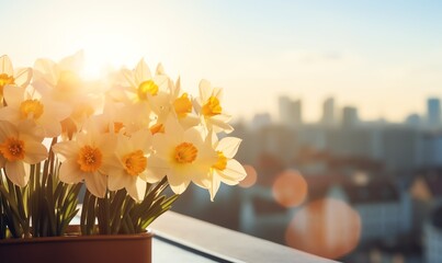 Wall Mural - Daffodils in a Pot Against a Cityscape at Sunset